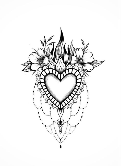 Heart Tattoo Sleeve Ideas, Heart Mandala Tattoo Design, Heart Chandelier Tattoo, Heart Throat Tattoos Women, Forearm Heart Tattoo Women, Henna Heart Tattoo, Boho Heart Tattoo, Sacred Heart Sternum Tattoo, Heart Tattoo Cover Up