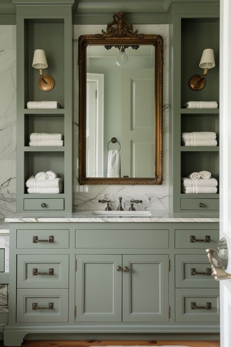 15 Inspiring Ideas for a Sage Green Bathroom – Everyday Inspo Mariana, Farmhouse Bathroom Sage Green, Bathroom With Sage Green Walls, Guest Bathroom Green, English Tudor Homes Interior, Green Cabinets Bathroom, Townhouse Updates, Cottage Core Bathroom, Sage Bathroom