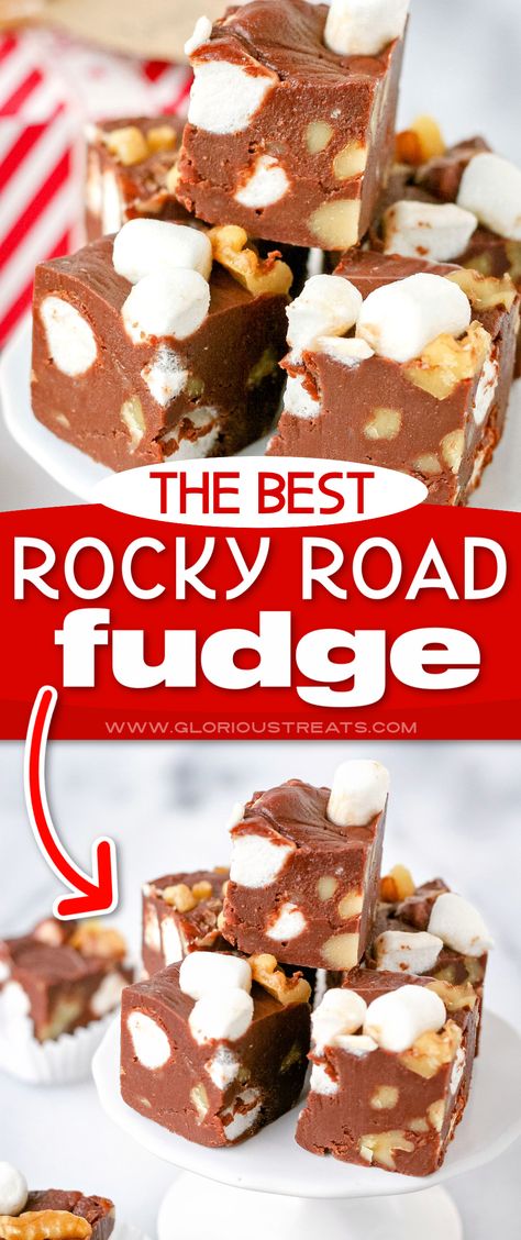 Rocky Mountain Fudge Recipe, Fudge Recipes Rocky Road, Rockyroad Fudge Recipes, Fudge Rocky Road, See’s Candy Recipes, Rocky Road Fudge Easy, Easy Rocky Road Fudge, Recipes With Walnuts Baking, Christmas Rocky Road Recipe