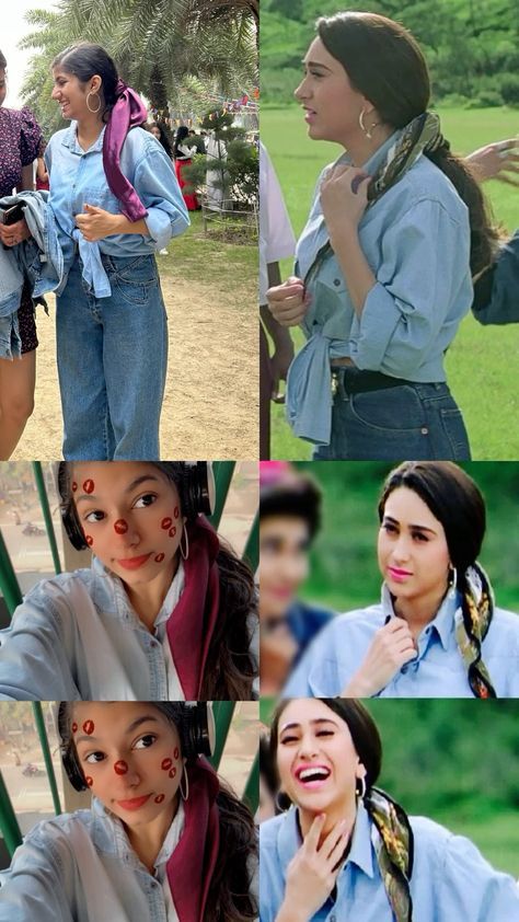 90s Dressing Style, Retro Look Ideas Indian, 90s Outfits Indian, Retro Outfits 90s Bollywood, Bollywood Movie Looks To Recreate, Outfit For College Fest, Bollywood Movies Outfits, Retro Day Outfits Bollywood, Bollywood Day In College Ideas For Girls