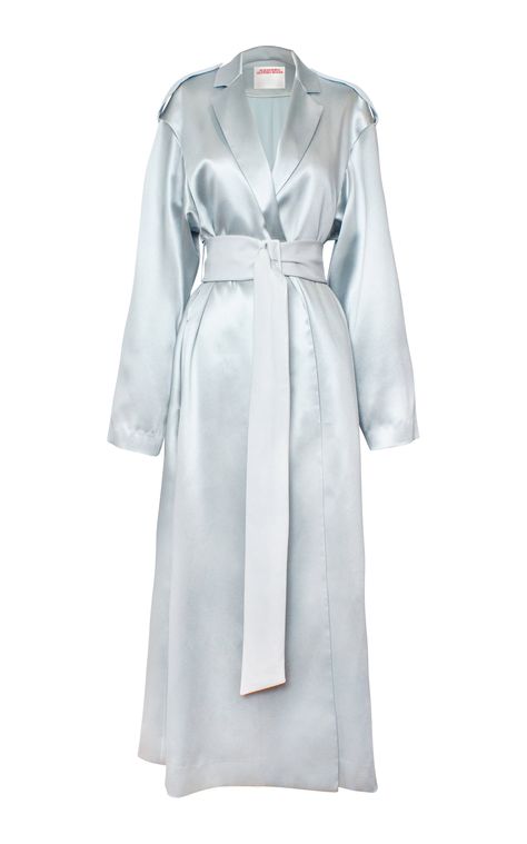 Alejandra Alonso Rojas - Blue satin belted trench coat ($2,395) Satin Trench Coat, Satin Coat, Satin Belt, Oufits Casual, Oversized Collar, Wide Leather Belt, Dress Design Sketches, Belted Trench Coat, Kpop Fashion Outfits