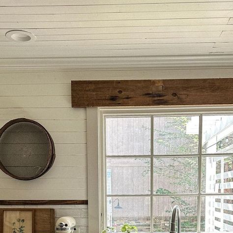 Wood Over Windows Interior, Faux Beam Window Trim, Wood Beam Window Header, Faux Cedar Headers Above Windows, Wood Accent Above Exterior Window, Beam Over Window, White Oak Window Trim, Beam Above Window, Wood Above Windows