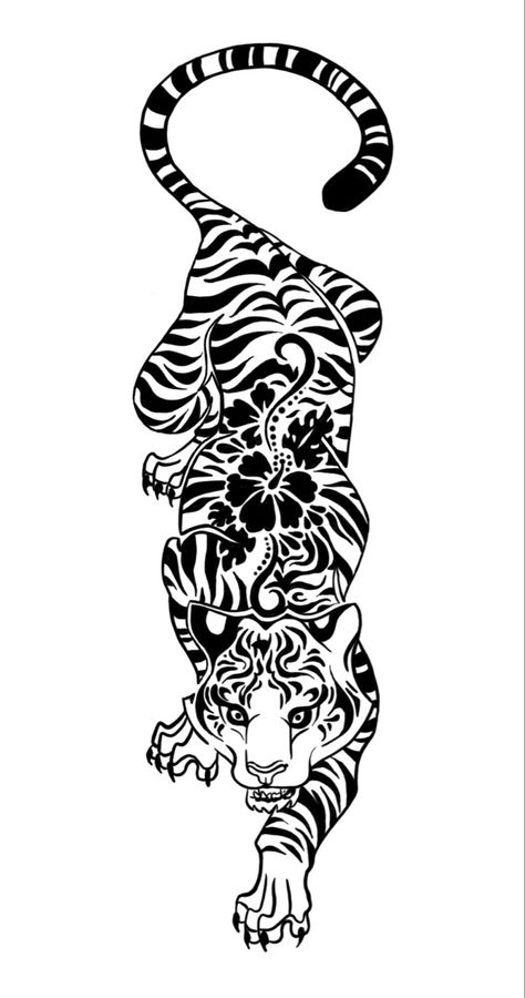 Black and white hand drawn (digital) drawing of a tiger with a hibiscus pattern within it’s strips, serving as an inspo pic for a future tattoo Tiger Tattoo Stomach Women, Tiger Tattoo Outline Design, Under Glute Tattoo, Leopard Spine Tattoo, Panther Tattoo Shoulder, Ed Hardy Tiger Tattoo, Tiger Spine Tattoo Women, Hip Tattoos Women Cover Up, Tiger Foot Tattoo