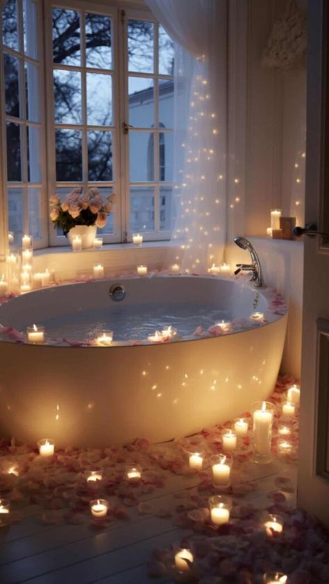 For busy couples looking for a sweet escape without leaving home, a romantic bath ticks all the boxes. It’s quick to set up, taking less than 15 minutes, and won’t break the bank. It’s perfect Bathtub Couple Romantic, Rose Petal Bath Romantic, Romantic Bubble Bath Ideas Couple, Romantic Bathroom Ideas Couples, Honeymoon Room Romantic, Romantic Bath Ideas For Couples, Romantic Bath Ideas, Bathtub Candles, Jacuzzi Couple Romantic