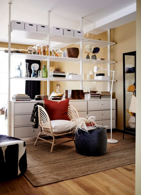 IKEA 2020 Catalog Small Space Organizing Tips | Apartment Therapy Elvarli Ikea, Ikea Elvarli, Ikea Room Divider, Ikea Catalog, Ikea Bedroom, Open Plan Living Room, Small Space Organization, Modular Storage, Space Organizer