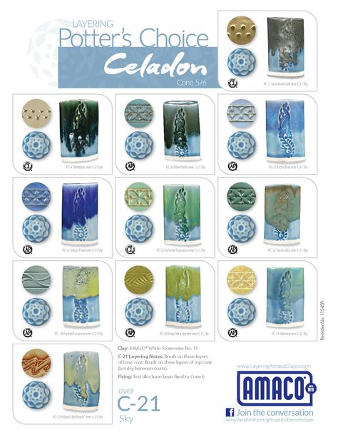 Celadon Gloss: HF Ceramic Glazes | AMACO Jade Celadon Glaze Combinations, Amaco Sky Celadon Glaze Combinations, Amaco Celadon Glaze Combinations Storm, Amaco Celadon Glazes, Amaco Celadon Glaze Combinations, Amaco Glazes Combinations, Celadon Glaze Combinations, Color Tiles, Decorating Pottery