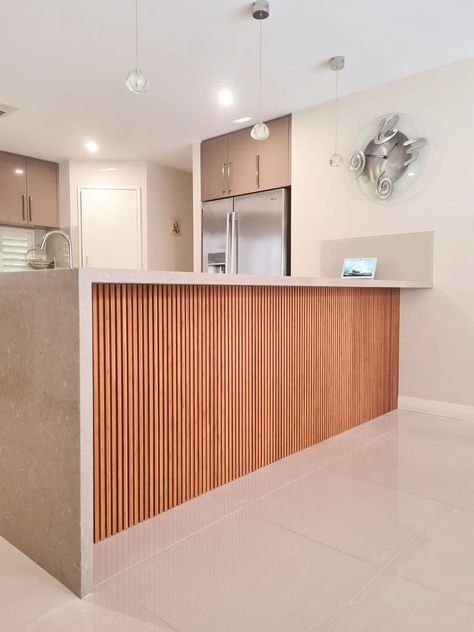 Kitchen Island Panels, Timber Feature Wall, Concrete Kitchen Island, Kitchen Benchtops, Bamboo Panels, Timber Slats, Concrete Kitchen, Diy Kitchen Island, Kitchen Benches