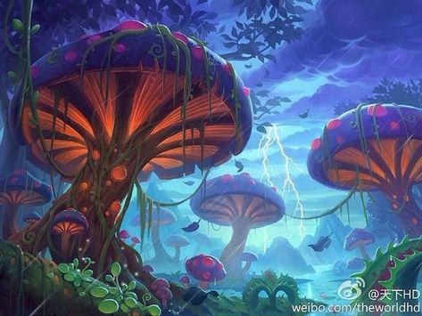 Fantasy scene - Large mushrooms Enchanted Forest Concept Art, Enchanted Forest Mushrooms, Mystical Forest Drawing, Mushroom Forest Art, Fantasy Mushroom Forest, Fantasy Forest Art, Mushroom Cave, Magical Forest Art, Trippy Forest