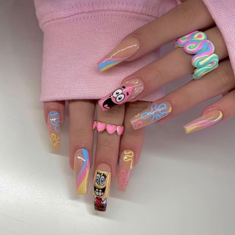 #nails #nailart #naildesign #nailideas #spongebob #nailsdesign Spongebob Nail Art, Sponge Bob And Patrick, Bob And Patrick, Patrick Nails, Spongebob Nails, Nails Videos, Wow Nails, Edgy Nails, Goth Nails