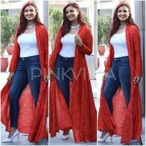 Parineeti chopra in label Anushree in zara Long Shrugs Outfit Indian, Parineeti Chopra Outfits, Indowestern Outfits Women, Label Anushree, Jeans Kurti, Long Shrug, Trendy Outfits Indian, Kids Dress Wear, Casual Indian Fashion