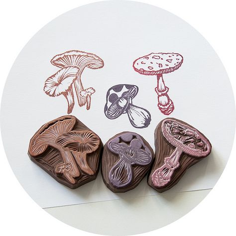 mushroom, fungi, hand carved rubber stamp, lino, printmaking, illustration, nature, flora, colour, print Eraser Stamp, Hand Carved Rubber, Illustration Nature, Linocut Printmaking, Lino Art, Hand Carved Stamps, Stamp Carving, Linocut Art, Handmade Stamps