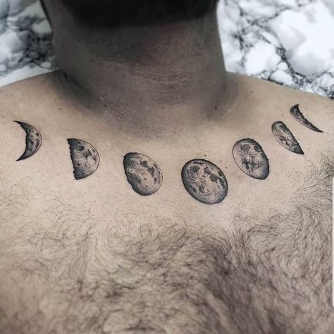 Moon Chest Tattoo Men, Moon Phases Chest Tattoo, Moon Phase Chest Tattoo, Moon Phases Tattoo Chest, Under Chest Tattoo Men, Moon Chest Tattoo, Tattoos Torso, Illustrative Blackwork, Moon Phase Tattoo