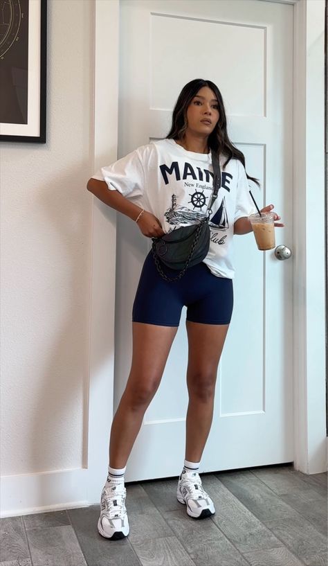 Vee_Mendoza on LTK Casual Summer Athleisure, Xl Outfits For Women Summer, New Balance Biker Shorts Outfit, New Balance Outfits Summer, Sneaker Outfit Inspo Women, Outfit Ideas New Balance 530, Women Outfit With Sneakers, Biker Shorts And Sneakers Outfit, Shorts Romper Outfit Summer