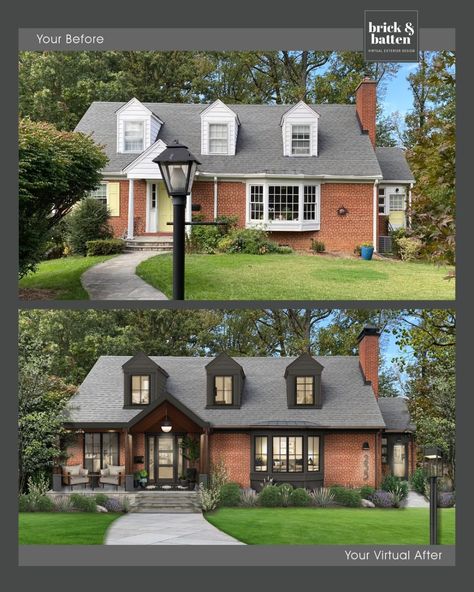 brick&batten on Instagram: “This Cape Cod style red brick home got a major facelift without painting the brick. Our designers recommended painting the siding around…” Brick House With Dormer Windows, Windows On Red Brick House, How To Update Red Brick Exterior, Front Door Ideas Red Brick House, Red Brick House Makeover, Red Brick Makeover, Red Brick Exterior Makeover, Red Brick Ranch Exterior Makeover, Red Brick House Front Porch