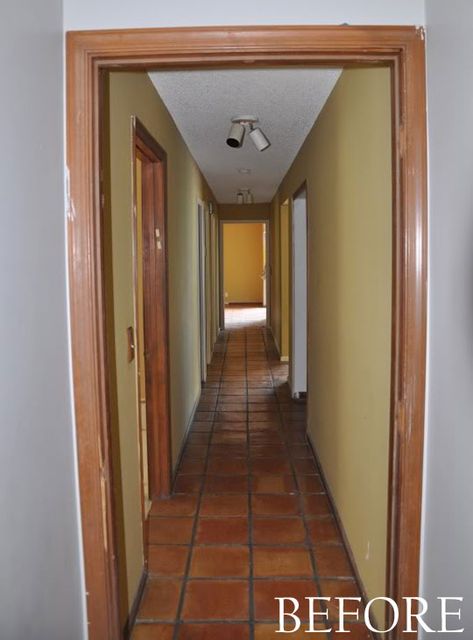 Hallway Fixtures, How To Brighten A Dark Hallway, Narrow Dark Hallway Ideas, Brighten Up A Dark Hallway, Brighten Dark Hallway, Long Dark Hallway, Hallway Makeover Before And After, Long Narrow Hallway Ideas, Dark Hallway Ideas