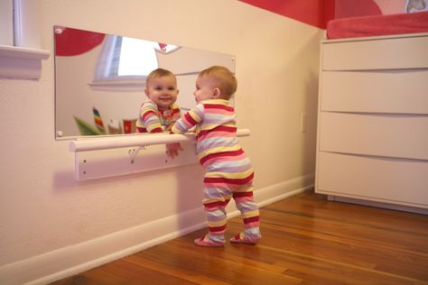 Standing bar I created and acrylic mirror for Montessori setup bedroom for our daughter that my wife and I did. Standing Bar, Montessori Bedroom, Montessori Room, Montessori Baby, Playroom Ideas, Toddler Bedrooms, Room Idea, Baby Time, Baby Bedroom