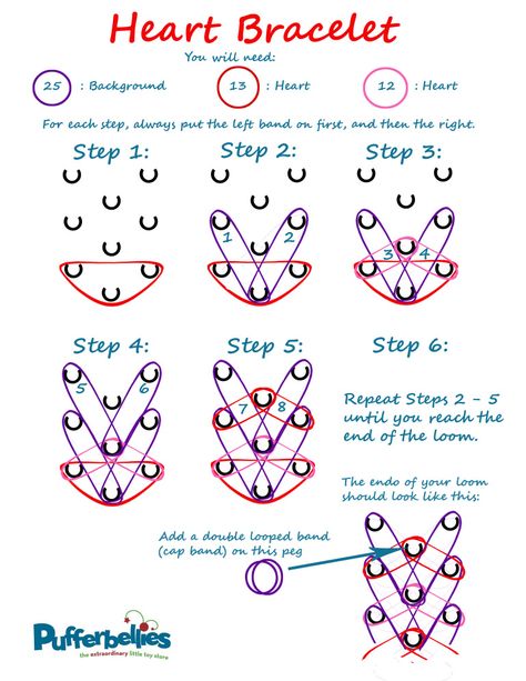 Rainbow Loom Heart Bracelet – Written Instructions – Pufferbellies Toys & Books Wonder Loom Patterns, Love Braid Rainbow Loom, Rainbow Loom Designs Step By Step, Rainbow Loom Tutorials Step By Step Easy, Rubber Band Bracelet Ideas Without Loom, Rainbow Loom Heart Bracelet, Rainbow Loom Patterns Step By Step, Rainbow Loom Step By Step, Rainbow Loom Tutorials Step By Step