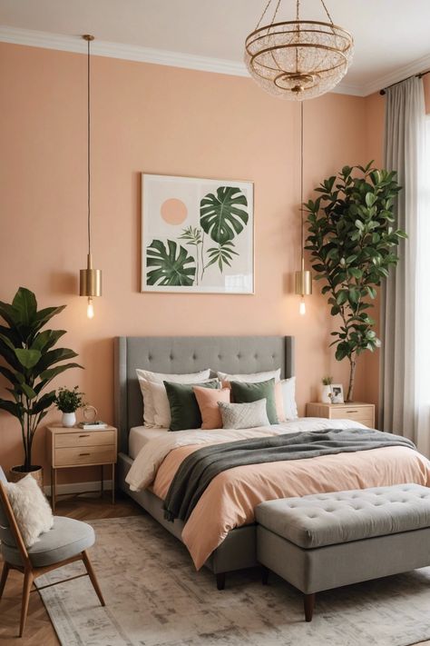 Oasis Apricot Bedroom Walls, One Colored Wall Bedroom, Salmon Pink Room, Salmon Wall Color, Salmon Color Bedroom, Comfortable Reading Nook, Bedroom 2024, Loft Style Bedroom, Wardrobe Interior