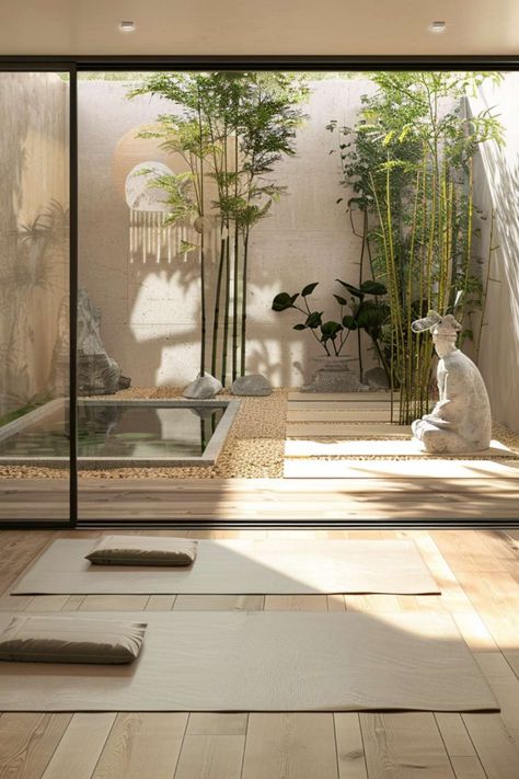 Tranquil Yoga Room Ideas with Zen Garden Terrace Yoga Space, Outside Yoga Space Ideas, Garden Yoga Studio, At Home Yoga Studio, Home Spa Room Decor, Wellness Studio Design, Wellness Centre Design, Indoor Garden Ideas Houses, Backyard Yoga Space Zen Gardens