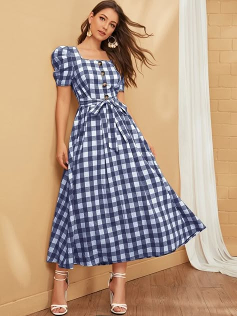 Buttoned Puff Sleeve Belted Gingham Dress | SHEIN USA Frock For Women, Checkered Dress, Fashion Attire, Designs For Dresses, Moda Vintage, Gingham Dress, Spring Summer Dress, Handmade Dresses, Hot Dress