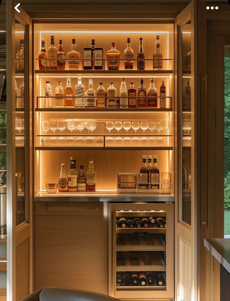 Bookshelf And Bar, Bar Ideas For Home Dining Room, Kitchen Drinks Station, Alcove Bar Ideas, Bar Ideas Apartment, Diy Bar Ideas For Home, Closet Turned Into Bar, Book Shelf Lighting, Bookshelf Bar Ideas