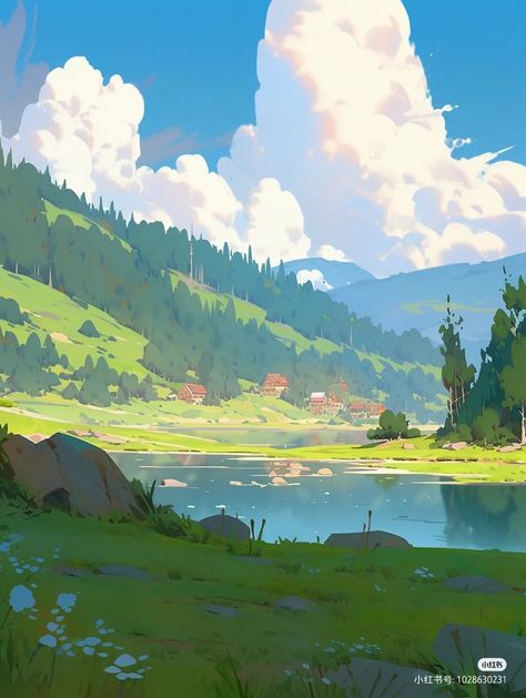 Mountain Drawing Digital, Green Mountain Drawing, Mountain Environment Concept Art, Lake Illustration Water, Mountain Background Drawing, Mountain Drawing, Environment Painting, Bg Design, Background Drawing