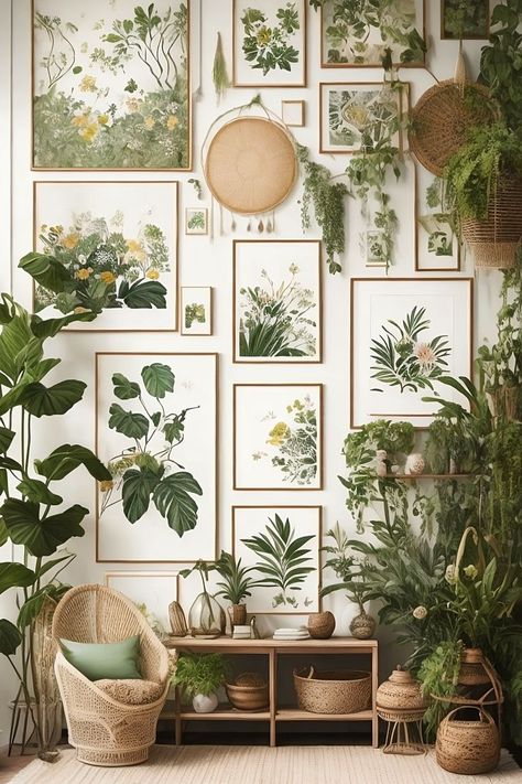 Boho Gallery Wall with Nature-Inspired Art Living Room Ideas Luxury, Botanical Interior, Boho Gallery Wall, Colourful Living Room Decor, Cute Diy Room Decor, Botanical Wall Decor, Colourful Living Room, House Plants Decor, Botanical Illustrations