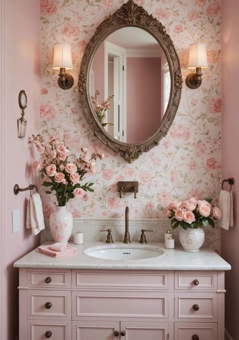 Bathroom Inspo With Wallpaper, Vintage Pink Powder Room, Gray Bathroom With Pink Accents, Light Pink Half Bath, Pink And Wood Bathroom, Girly Pink Bathroom, Wc Design Ideas, Cute Guest Bathroom, Pink Wc