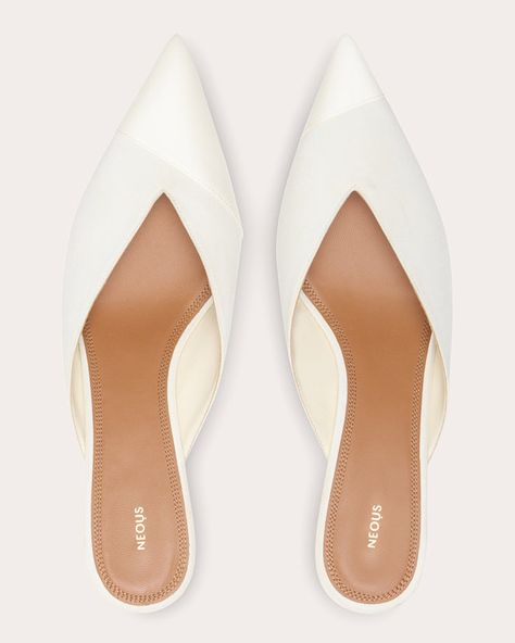 NEOUS Macondo Mule | OLIVELA Wedding Shoe Mule, Bridal Mules Shoes, Mule Heels, Luxury White Mules With Padded Heel, Chic White Synthetic Mules, Elegant White Mules With Heel Loop, Luxury White Mules With Sculpted Heel, Dress Flats, Large Clothes