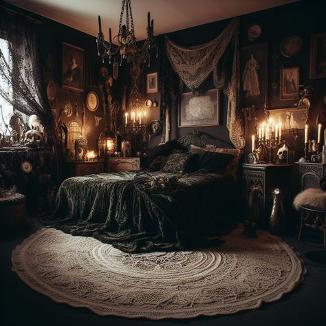 Gothic Apartment Bedroom, Black Home Interior Design Living Room, Black Lime Wash Bedroom, Vampire Gothic Bedroom, Goth Academia Room, Moody Art Wall, Taxidermy Decor Bedroom, Gothic Guest Bedroom, Vampy Home Decor