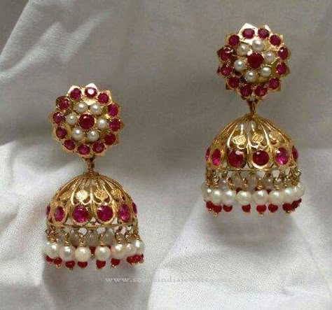 Gold Red Stone Jhumka, Red Stone Jhumka Designs, Gold Jhumka with Red Stones. Gold Stone Jhumka Earrings, Gold Buttalu, Beautiful Gold Earrings, Indian Jhumka, Gold Jhumka, Earrings For Wedding, Jhumka Designs, Gold Earrings Indian, Gold Jhumka Earrings