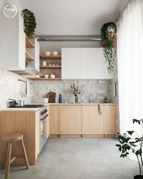 23 Clean And Minimalist Kitchen Design With Japandi Style | HomeMydesign Dapur Skandinavia, Japandi Kitchen, Model Dapur, Scandi Kitchen, Desain Pantry, Minimal Kitchen, Minimalist Kitchen Design, Kitchen Room Design, Kitchen Inspiration Design