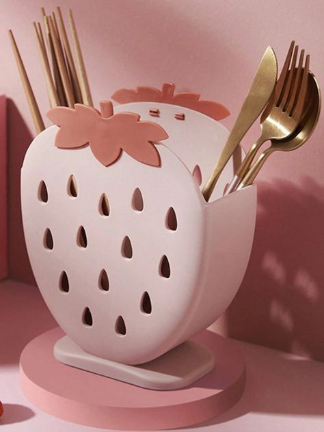 1pc Plastic Flatware Utensil Storage Case, Strawberry Design Flatware Storage Box For Kitchen | SHEIN USA Pastel Pink Kitchen Aesthetic, Pink Kitchen Gadgets, Kawaii Cutlery, Strawberry Kitchen Decor, Pink Kitchen Utensils, Pink Kitchen Appliances, Girly Kitchen, Shein Accessories, Pink Kitchen Decor