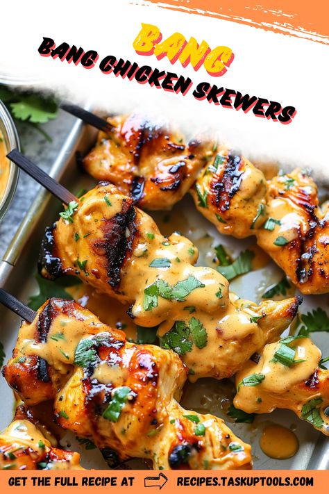 Discover the mouthwatering flavors of Bang Bang Chicken Skewers! This delicious recipe features tender chicken marinated in a savory and spicy sauce, then grilled to perfection. Perfect for your next barbecue or as a flavorful appetizer, these skewers are easy to make and sure to impress your guests. Serve them with a drizzle of creamy sauce and fresh herbs for an irresistible twist. Pin this recipe for a crowd-pleasing dish that combines convenience and gourmet taste! Pasta Skewers, Chicken Skewers Grilled, Bang Bang Chicken Skewers, Chicken Finger Recipes, Bang Bang Chicken, Chicken Skewer Recipe, Grilled Chicken Skewers, Yogurt Chicken, Brine Chicken