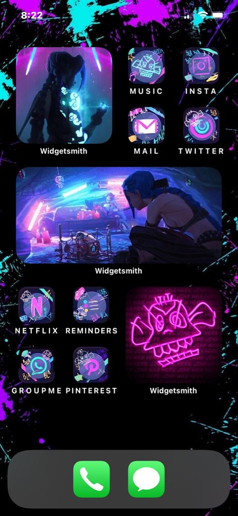 Cyberpunk Homescreen Layout, Arcane Iphone Layout, Arcane Phone Case, Iphone Costumization Ideas Aesthetic, Arcane Ios Layout, Jinx Home Screen, Cyberpunk Phone Theme, Arcane Homescreen Layout, Jinx Phone Theme