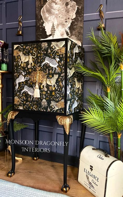 Emma Shiply Wallpaper on Ball & Claw Cocktail Drinks Cabinet | Etsy Art Deco Mood Board, Quirky Furniture, French Desk, Pretty Furniture, Gothic Bedroom, Painted Cabinet, Flat Decor, Decorative Furniture, Cocktail Cabinet