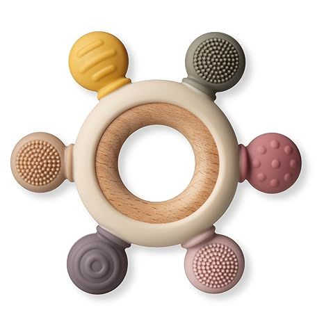 Amazon.com : Baby Teething Toys, Silicone Chewable Rings with Organic Wooden, Natural Toys for Newborn, 3+ Months (6 Directions, Khaki) : Baby Silicone Baby Toys, Baby Learning Toys, Baby Gums, Baby Teether Toys, Teething Relief, Baby Teething Toys, Baby Teething, Teether Toys, Newborn Toys