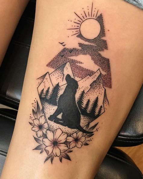 Blackwork dog and mountains outdoors nature tattoo Outdoor Tattoo, Tatoo Dog, Nature Tattoo Sleeve, Dog Memorial Tattoos, Western Tattoos, Nature Tattoo, Outdoors Tattoo, Initial Tattoo, Memorial Tattoo