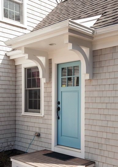 Small Outdoor Entryway Ideas Front Entry Porch Designs, Portico Entry Cape Cod, Porch Portico Ideas, Small Roof Over Doorway, Back Door Overhang Ideas, Overhang Over Front Door, Door Overhang Ideas Exterior, Side Door Portico, Front Door Shelter