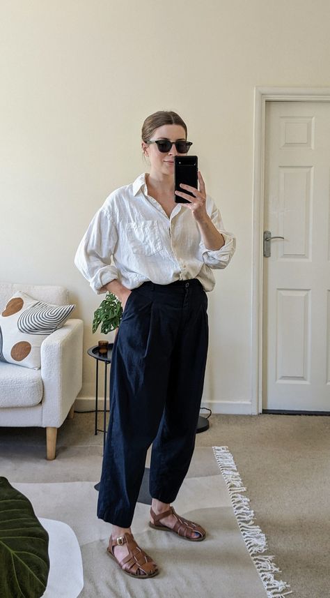 Navy Sandals Outfit, Outfit With Linen Shirt, Brown Fisherman Sandals Outfit, Barrel Trousers Outfit, Brown Leather Sandals Outfit, Sandals Work Outfit, Angharad Jones, White Sandals Outfit, Leather Sandals Outfit