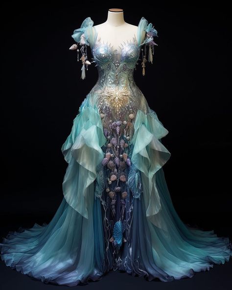 🫧Wearing beautiful, ocean-inspired dresses like a mermaid would be a lot of fun. It's a shame they weren't used in the movie. Creating… | Instagram Mermaid Fashion Dress, Ocean Inspired Costume, Water Themed Wedding Dress, Under The Sea Gown, 90s Fashion Design, Mermaid Inspired Dresses, Water Wedding Dress, Ocean Ball Gown, Ocean Themed Prom Dress