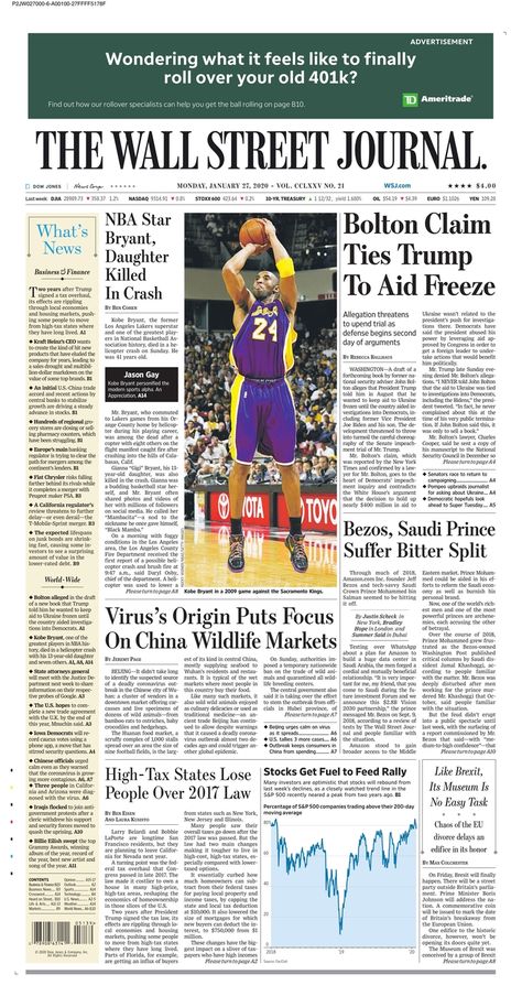 Wall Street Journal - Kobe Bryant Newspaper Layout, Boxing Posters, Sports Page, Newspaper Cover, First Amendment, Newspaper Design, Nba Stars, The Wall Street Journal, Black Mamba