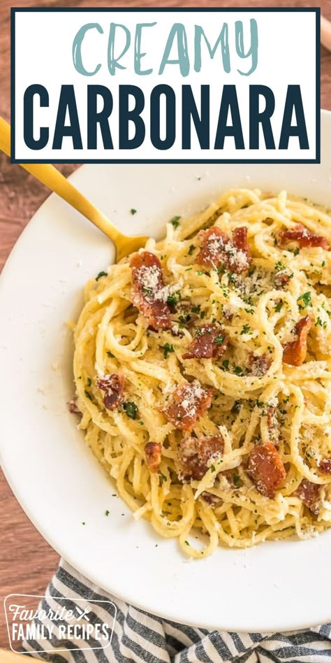 This Creamy Carbonara Pasta recipe is a simple, traditional Italian recipe. With bacon, garlic, and fresh Parmigiano Reggiano cheese, it is full of flavor. You will love the creamy sauce, crisp bacon, and tender pasta. This amazing pasta dish is the real deal straight from Italy – Pasta alla Carbonara! Cabonara Recipes, Best Carbonara Recipe, Carbonara Sauce Recipe, Creamy Carbonara Pasta, Carbonara Pasta Recipe, Carbonara Pasta Creamy, Carbonara Recipe Creamy, Dinners Vegetarian, Easy Carbonara Recipe