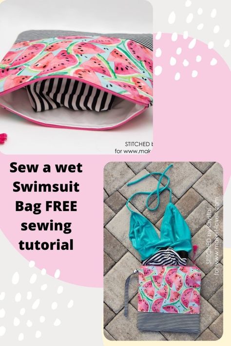 FREE sewing pattern and tutorial for a swimsuit wet bag. This easy to sew bag is made from waterproof fabric so its ideal to carry wet or damp items such as a swimsuit after a trip to the beach or pool. easy to follow step by step photo instructions and a free bag sewing pattern with no printing needed, measure and cut. Beginner bag sewing pattern. SewModernBags Beach Bag Patterns Free Sewing, Wet Bag Tutorials, Beach Patterns, Sew Bag, Beach Bag Pattern, It Website, Bra Sewing Pattern, Swim Bag, Bag Sewing Pattern