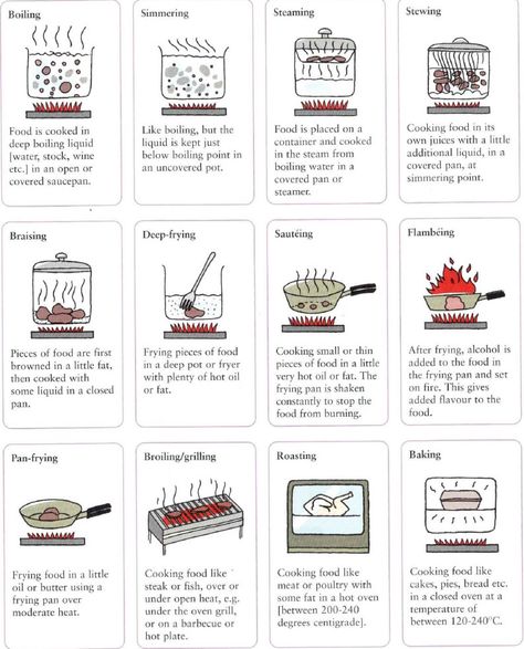 Different ways to cook food in a restaurant or at home. Boiling, simmering, steaming, stewing, braising, deep-frying, sauteing, flambeing, pan-frying, broiling, grilling, roasting, baking Kitchen Cheat Sheets, Culinary Classes, Food Vocabulary, Culinary Techniques, Cooking 101, Food Info, Cooking Lessons, Cooking Basics, Cooking Method