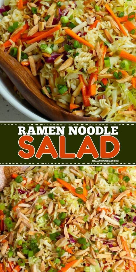 Here's an easy ramen noodle salad you just can't miss for your spring salad recipes! Learn how to make this best salad recipe loaded with cabbage, carrots, green onions, toasted almonds, and ramen noodles, all tossed in a garlic honey ginger dressing. Yum! Asian Salad Ramen, Crunchy Ramen Noodle Salad, Salad Asian, Ramen Salad, Ramen Noodle Salad, Small Town Woman, Noodle Salad Recipes, Ramen Noodle Recipes, Asian Salad