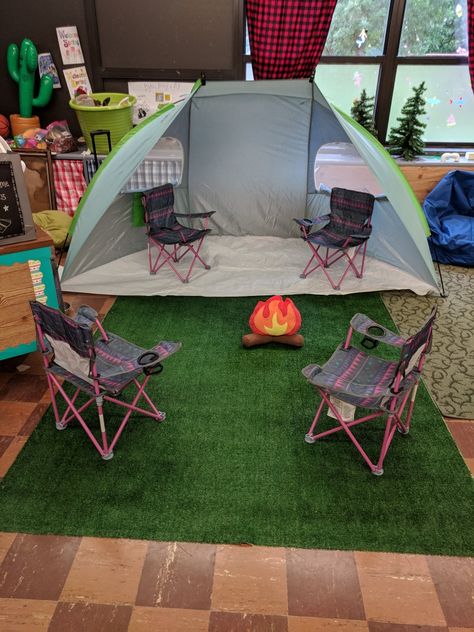 Use a beach hut for a classroom camping theme! It let's kids pretend to be in a tent but doesn't close so you can keep an eye on them! It makes a great reading spot! Reading Tent Classroom, Tent In Classroom, Summer Camp Classroom Setup, Classroom Tent, Rainbow Stem, Camp Classroom, Decorations For Classroom, Classroom Camping, Reading Tent