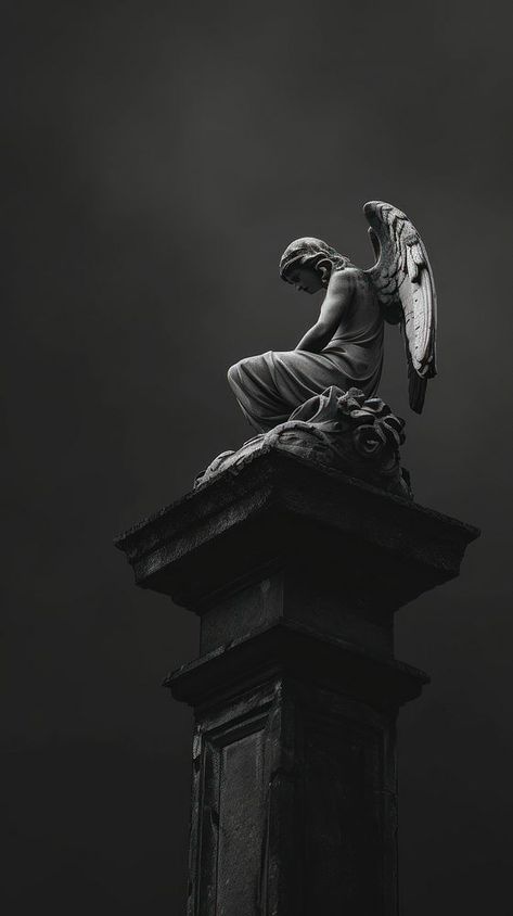 Dark Statue Aesthetic, Statue Iphone Wallpaper, Angle Tattoo For Men, Angels Sculpture, Angel Black And White, Sculpture Wallpaper, Angels Statue, Statue Wallpaper, Black Statue