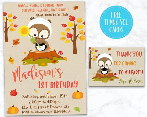 Owl birthday invitation + free thank you cards, Little cute owl invitation, Fall festival invite, Autumn event party invite, Fall girl first birthday bash. Same theme items for your party: https://www.etsy.com/shop/paperpartydigital?&search_query=owl This item is personalized digital file(s). You can share it with your friends electronically by texting it or via messengers like Whatsapp, iMessage, Facebook, Viber, etc. or email it. Or you can print it in nearby photolab or at one of the online Festival Invite, Owl Birthday Invitations, Fall Party Invitations, Owl Invitations, 1st Birthday Invite, Girls Party Invitations, Fall Girl, Girl 1st Birthday, Owl Birthday