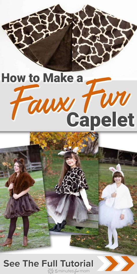 How to make a faux fur capelet or faux fur wrap as the perfect, luxurious solution for staying warm while looking glamourous. Whether it is to top off a Halloween costume, an evening gown, or a wedding dress, this tutorial shows how to make a faux fur capelet or wrap that is both stunning and easy to sew. #sewing #cape #capelet #diycostume #diycapelet Capelet Pattern Sewing, Fur Capelet, Diy Cape, Capelet Pattern, Giraffe Costume, Cape Pattern Sewing, Circle Skirt Pattern, Girls Cape, Faux Fur Shrug